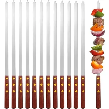 12 Pieces Skewers for Kabobs Grilling Barbecue Long Skewers Stainless Steel Reusable BBQ Skewers with Wood Handle 40/50/60cm 1