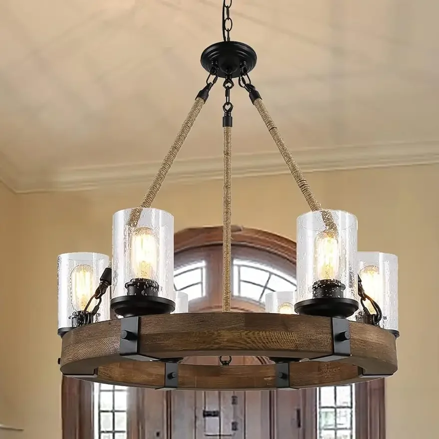 

Rustic 6 Light Wagon Wheel Chandelier, Round Wood Pendant Light with Seeded Glass Shade, Farmhouse Chandeliers for Dining