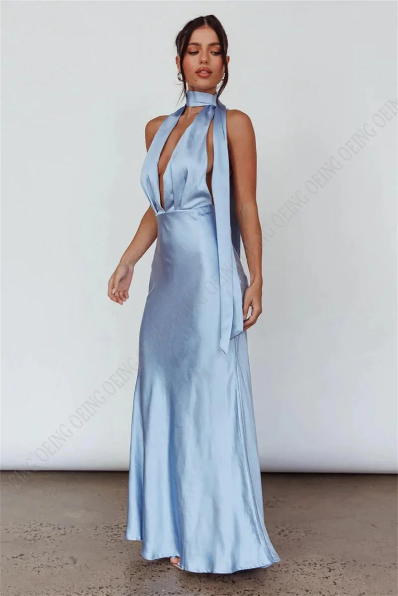 OEING Sky Blue Halter Club Night Party Gowns Deep V-Neck Sexy Women Dresses For Beach Party Sheer Backless Floor Length Vestidos