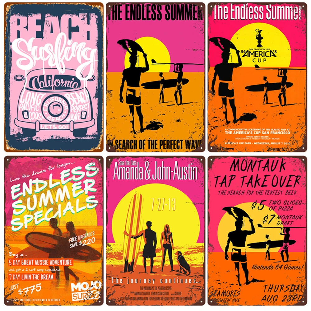 

Beach Slogan Beach Surfing Metal Poster Tin Painting Restaurant Home Decoration Suitable for Bar Club Man Cave Wall Decoration