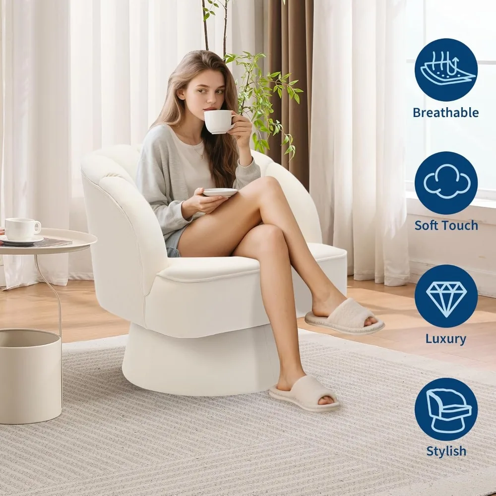 Modern Swivel Velvet Accent Chair, 360 Degree Round Lounge Armchair with Plush Padding for Living Room, Bedroom, Beige