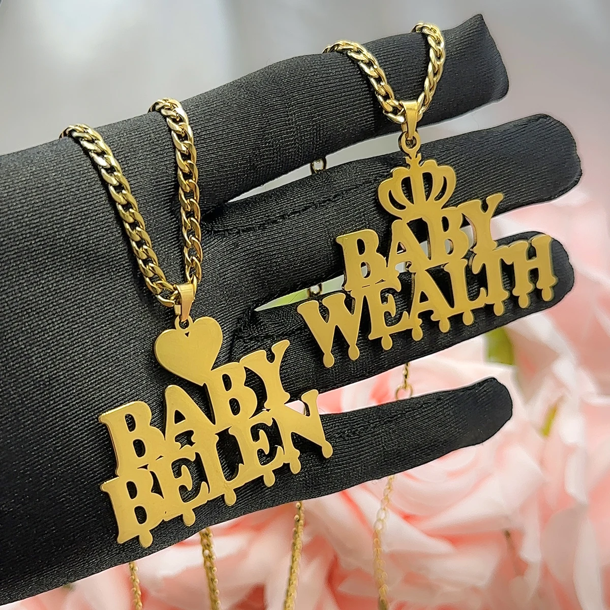Customized Double Name Necklace Personalized Stainless 18k Gold Plated Cuban Chain Crown Double Row Name Pendant Necklace
