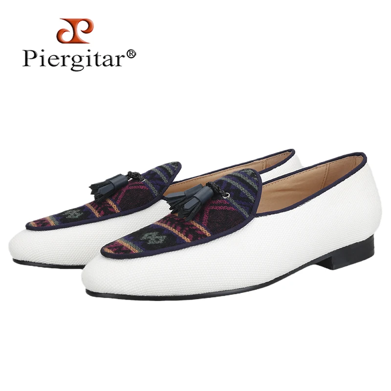 

Piergitar New Model Ivory Color Canvas Mixed Ethnic Style Cotton Men's Loafers Classical Handmade Leather Tassel Male Moccasins
