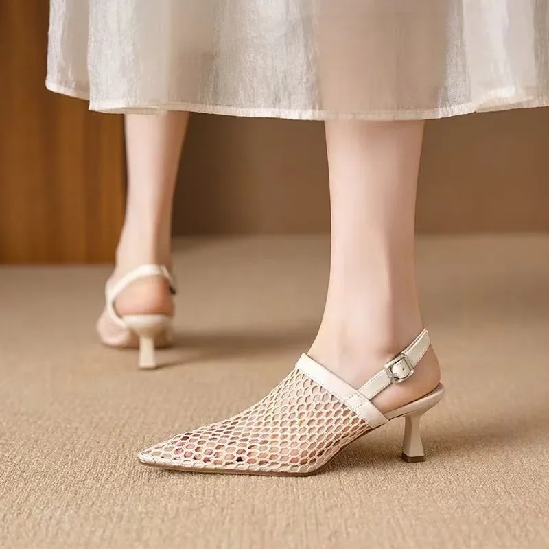 Fashion Hollow Breathable Mesh Pointed Toe Stiletto High Heels Women Pumps Summer Slingback Sandals