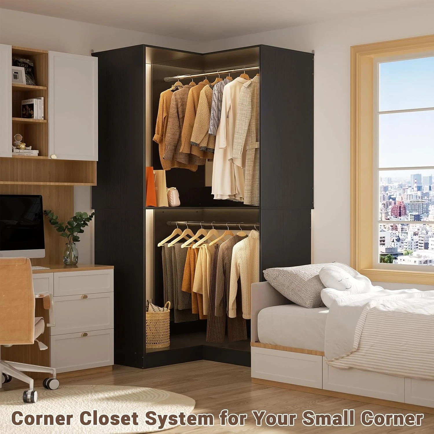 Armocity Corner Closet System, 32 Inches Wide Wood Corner Unit with 2 Hanging Rods and All Hardware Kits, 3-Tier 80'' Height Cor 2