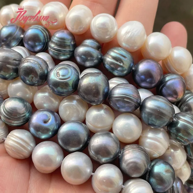 

10-12mm Nearround Freshwater Pearl White Black Beads Loose Natural Stone Beads For Necklace Bracelet DIY Jewelry Making Str 15"