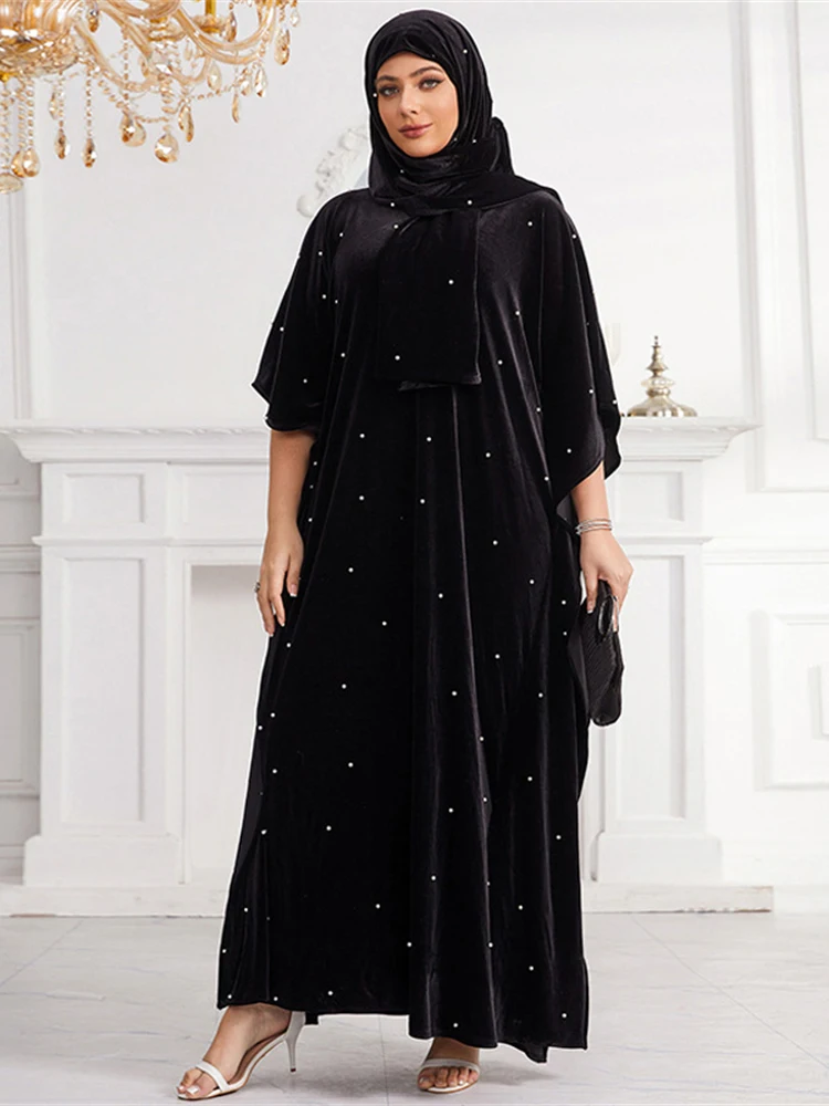 2024 Ramadan Eid Mubarak Hijab Abayas Muslim Women Black Dress Luxury Velvet Robe Caftan Marocain Khimar Party Evening Clothing