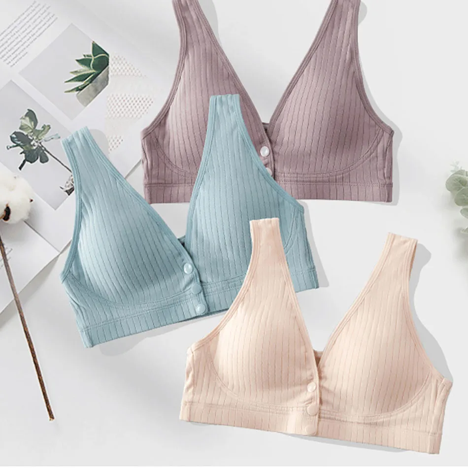 Cotton Nursing Bra for Pregnant Women Padded Ribbed Wire-Free Breathable Bralette Front Opening Breastfeeding Maternity Clothing 2