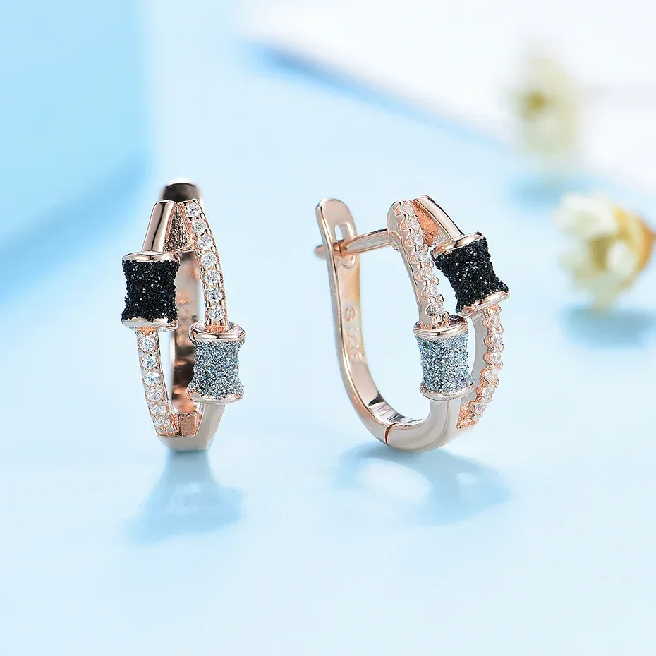 Luxyimagic 585 boucles d'oreilles à Clip en or Rose pour femmes fille réel 925 en argent Sterling noir argent paillettes bijoux pour fête de mariage