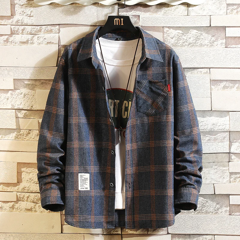 2025 Summer Men's Plaid Shirt Button Pocket Casual Fashion Elegant Long sleeve Shirt Turn Down Collar