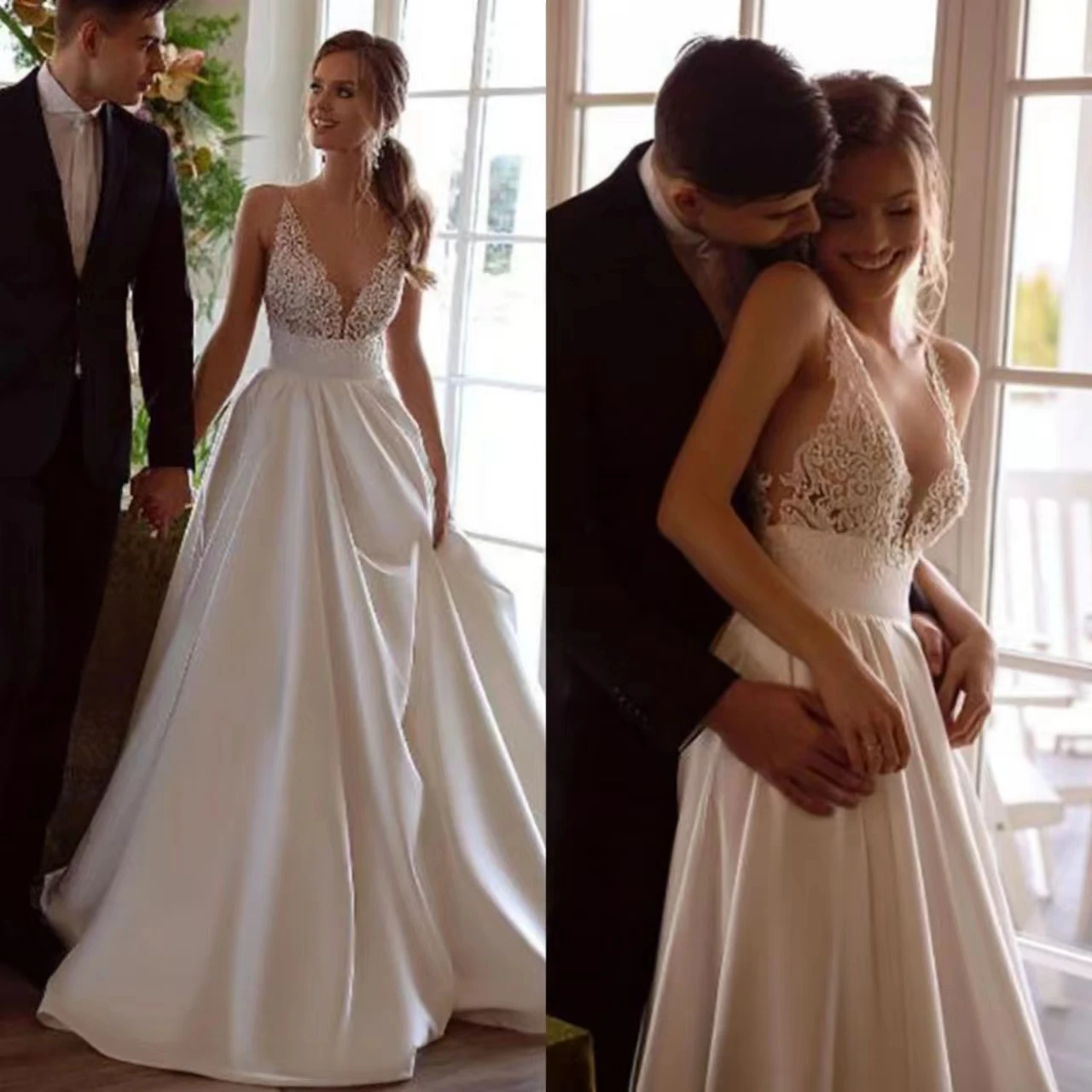 

Женское ТРАПЕЦИЕВИДНОЕ свадебное платье на бретелях-спагетти, с V-образным вырезом и открытой спиной