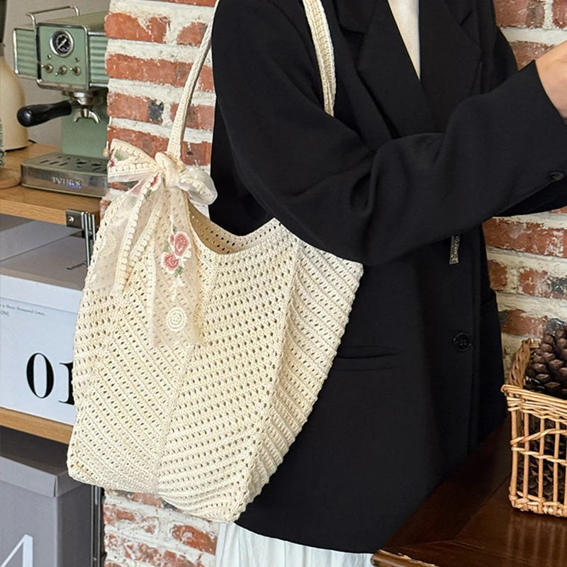 Hollow Out Large Capacity Ribbon Decoration Shoulder Bags Female Bags New Beach Vacation Women's Handbags