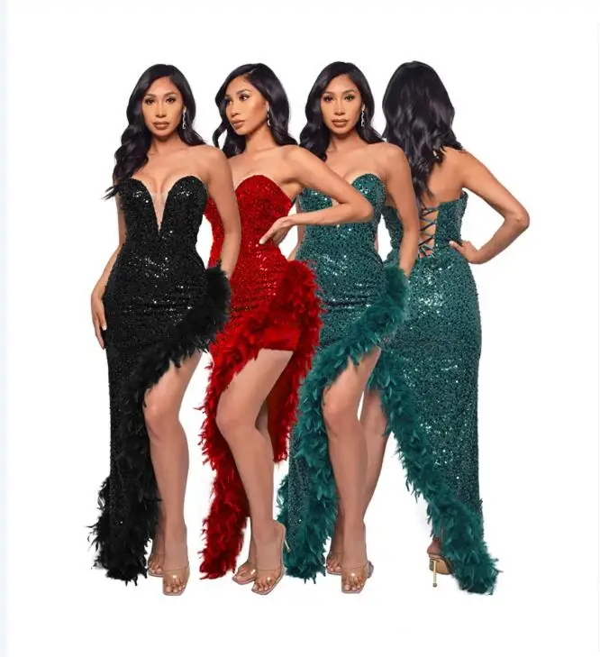 

Женское сценическое платье без бретелек, с открытой спиной и асимметричным подолом с блестками и перьями, 2024