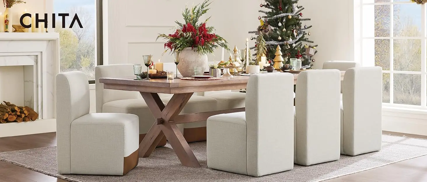 Description Picture 2 of itemCHITA Mid-Century Modern Dining Chair, Upholstered Fabric Accent Chair for Dining Room, Set of 2, Flax Beige in Fabric