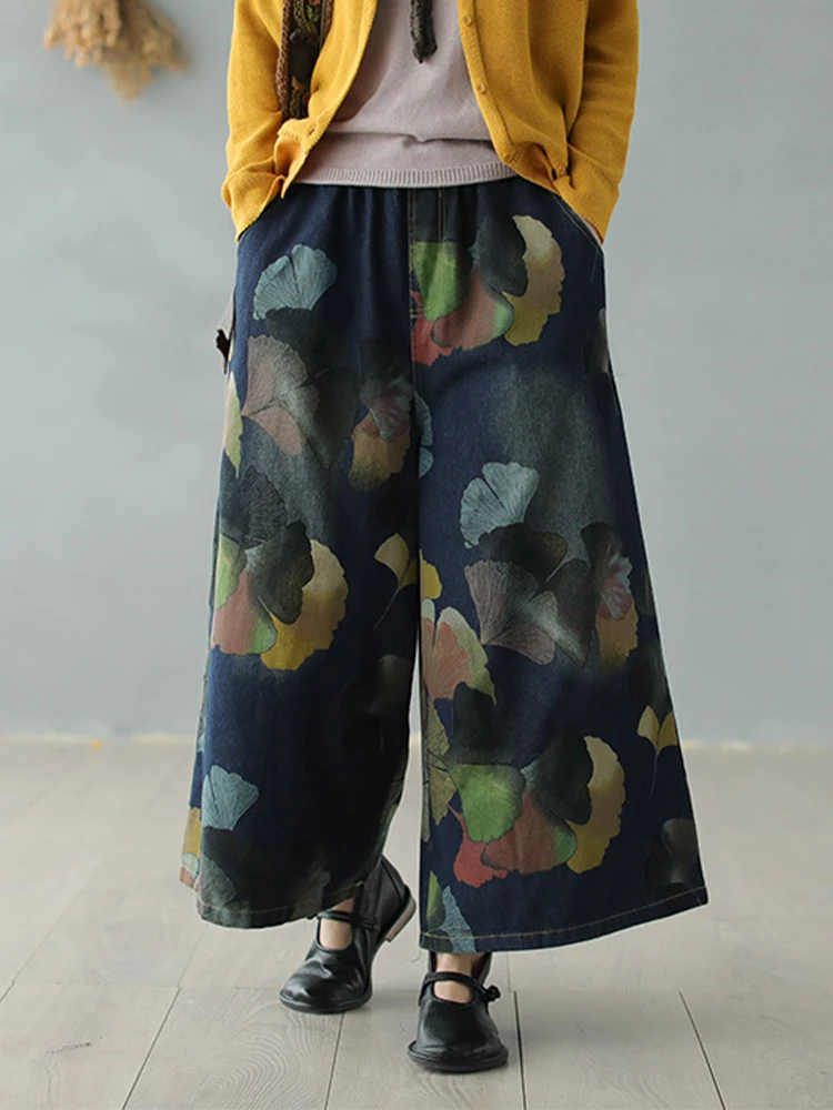 Amax luluE 2025 printemps femme mode grande taille jean Floral Denim pantalon à jambes larges femmes ample Vintage décontracté imprimé pantalon