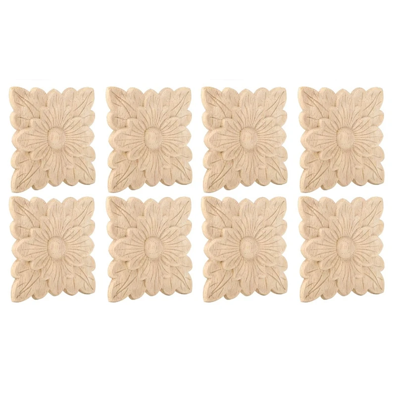 

New Household Wood Appliques 8Pcs Beautiful Flower Pattern Wood Carved Applique Furniture Garden Door Decoration Accessories