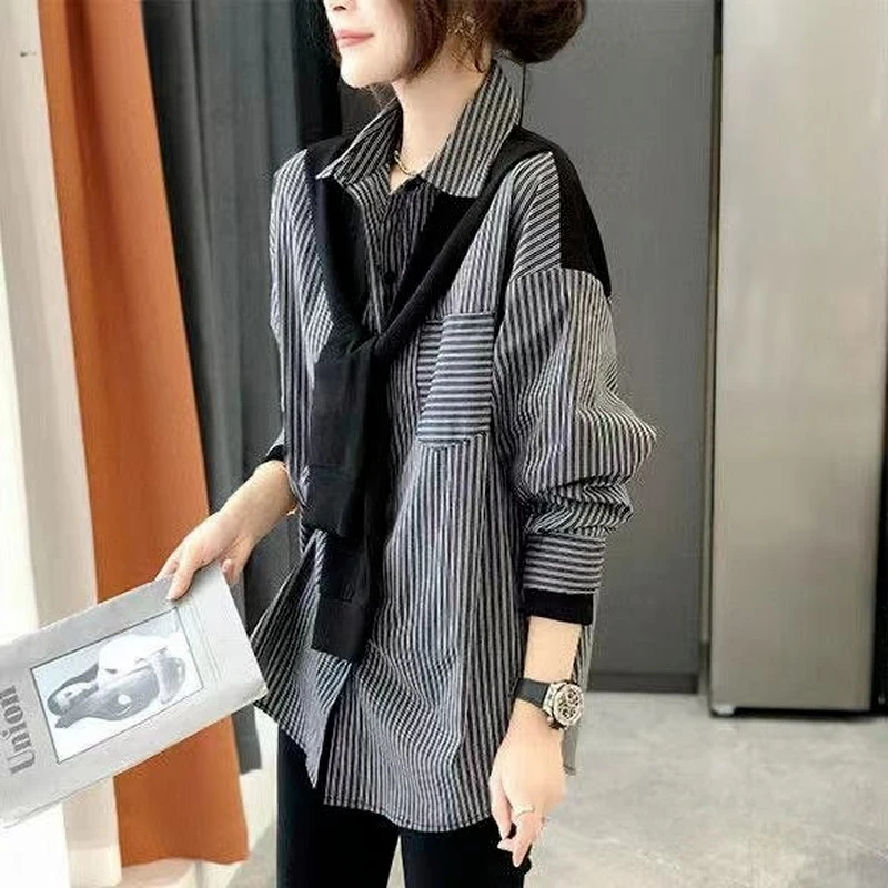 

Women Casual Autumn Lady Tops Striped Stylish Single Breasted Tender Classy Basic Teens Preppy Style Vintage Long Sleeve V490