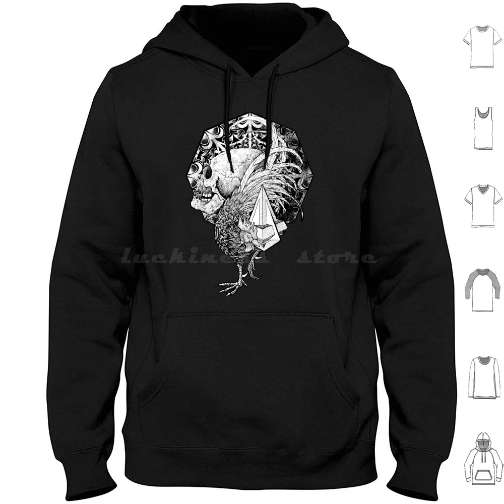 Felpa Con Cappuccio A Piramide Cotone Manica Lunga Mandala Skull Rotten Fantom Cock Death Dot Work Black Art Dark Art