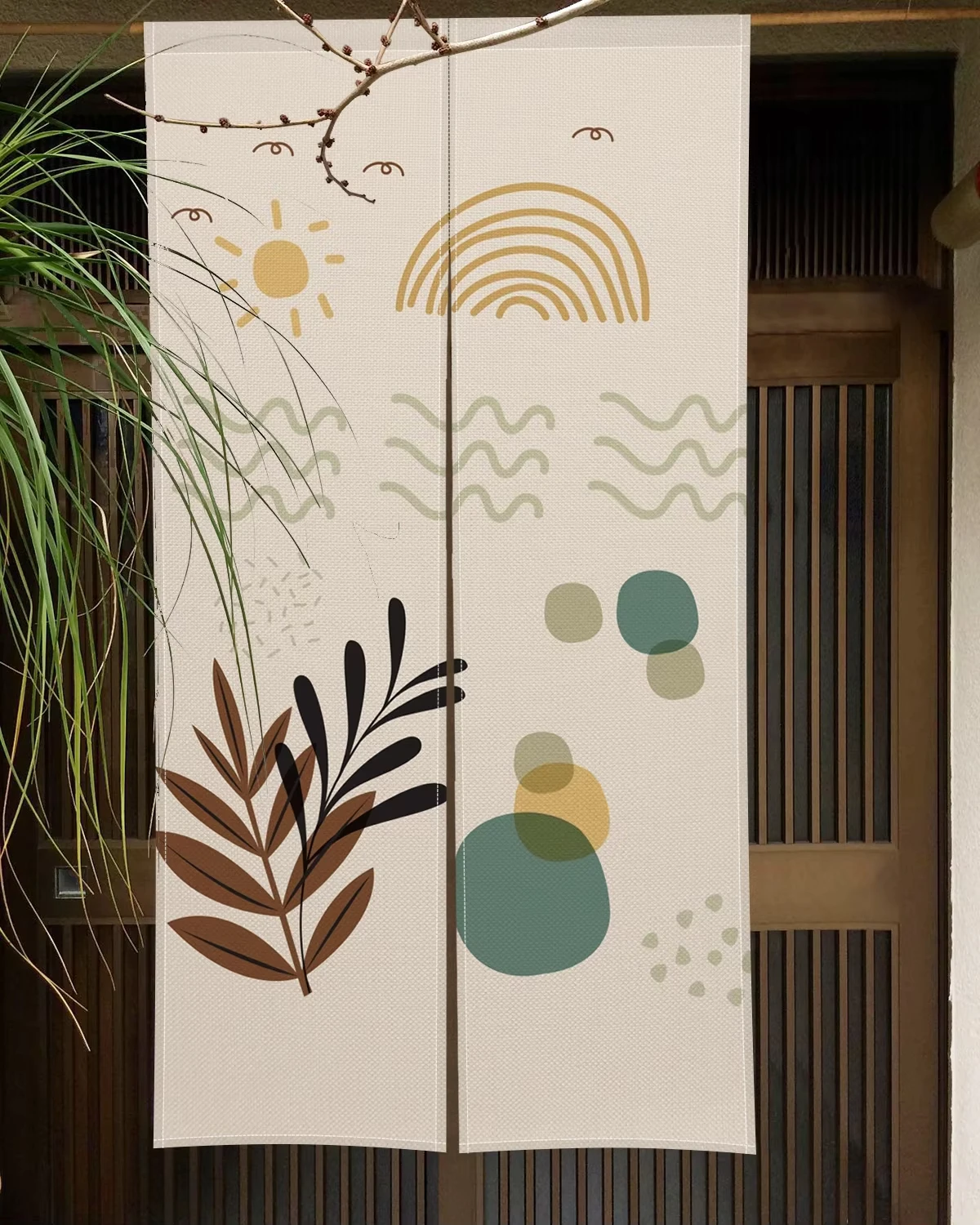 Geometric Plant Pattern Japanese Door Curtain Minimalist Noren Style Boho Bedroom Kitchen Partition Doorway Curtain Half-Curtain 4