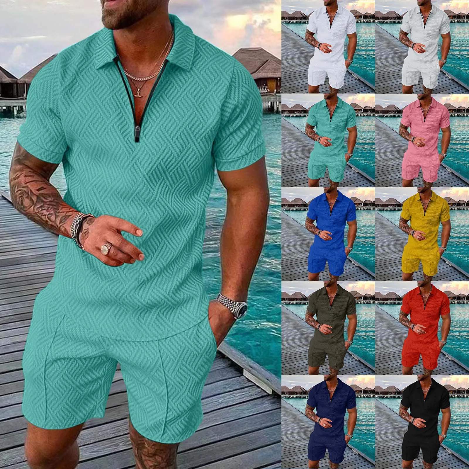 29 Styles Fashion  Men's Polo  Sets Mesh Printed 2023 Streetwear zipper Short Sleeve Shorts Two Pieces Men Casual Suit S-3XL
