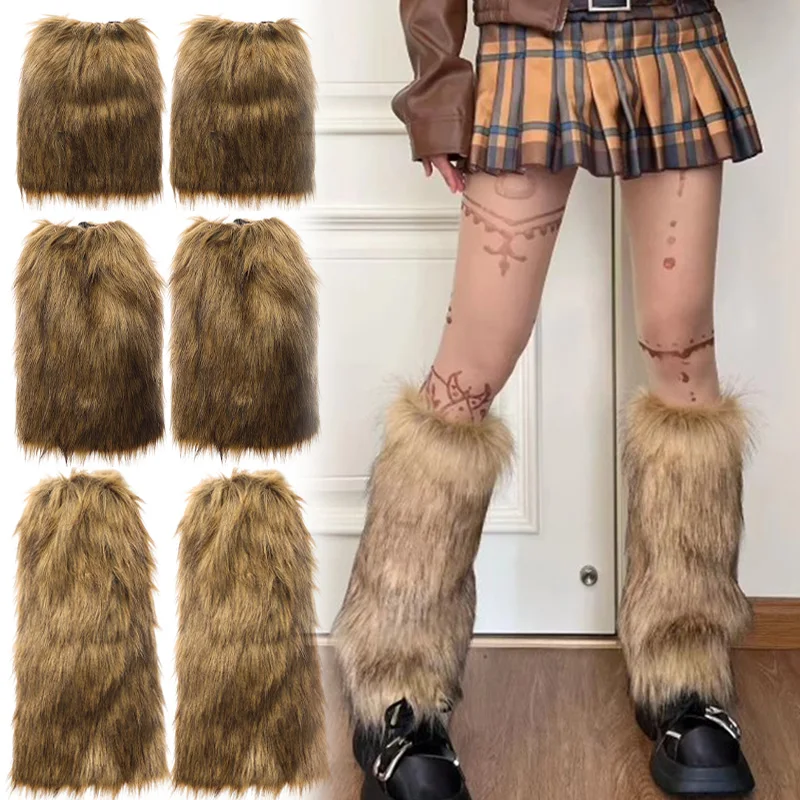 Y2k Vintage Brown Imitation Fur Leg Warmers Winter Warm Boots Socks Fashion Punk Boot Covers Hosiery