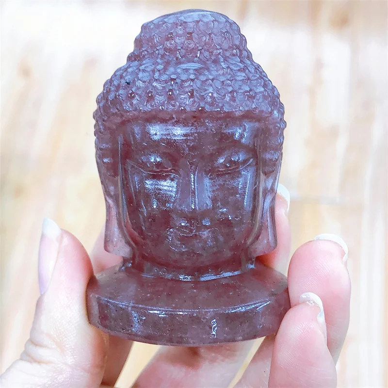 

Natural Strawberry Quartz Handmade Carved Buddha Head Healing Polished Powerful Fengshui Home Decoration Gift