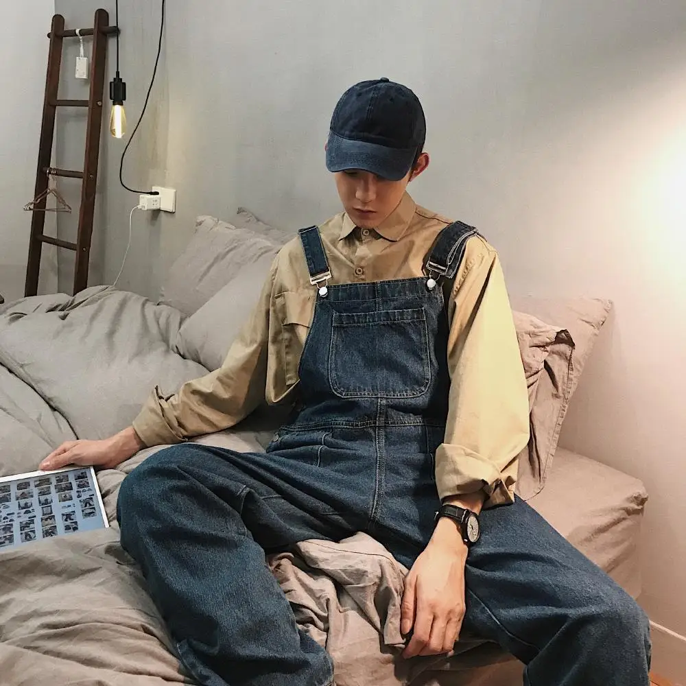 

2024 New Korean Denim Overalls Men Homemade Wide Leg Pants Versatile Trendy Boys Hip Hop Ins Four Seasons Overalls Trendy Y2K
