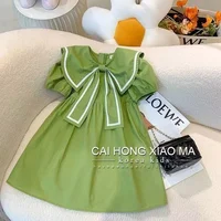 Girls College Style Green Dress Summer Korean Version Children’s Fresh And Cute Princess Dress Stylish Bow Dress New 2024