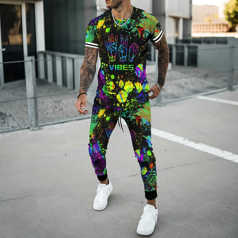 Men Set For Male Jogging Sport Tracksuit Fashion Casual Summer Short Sleeve Trousers Colorful 3D Print Oversize Trend T-Shirt summer men fashion animal 3d print t shirt tracksuit for male sport loose two piece shirt sleeve shirt shorts outfit oversize