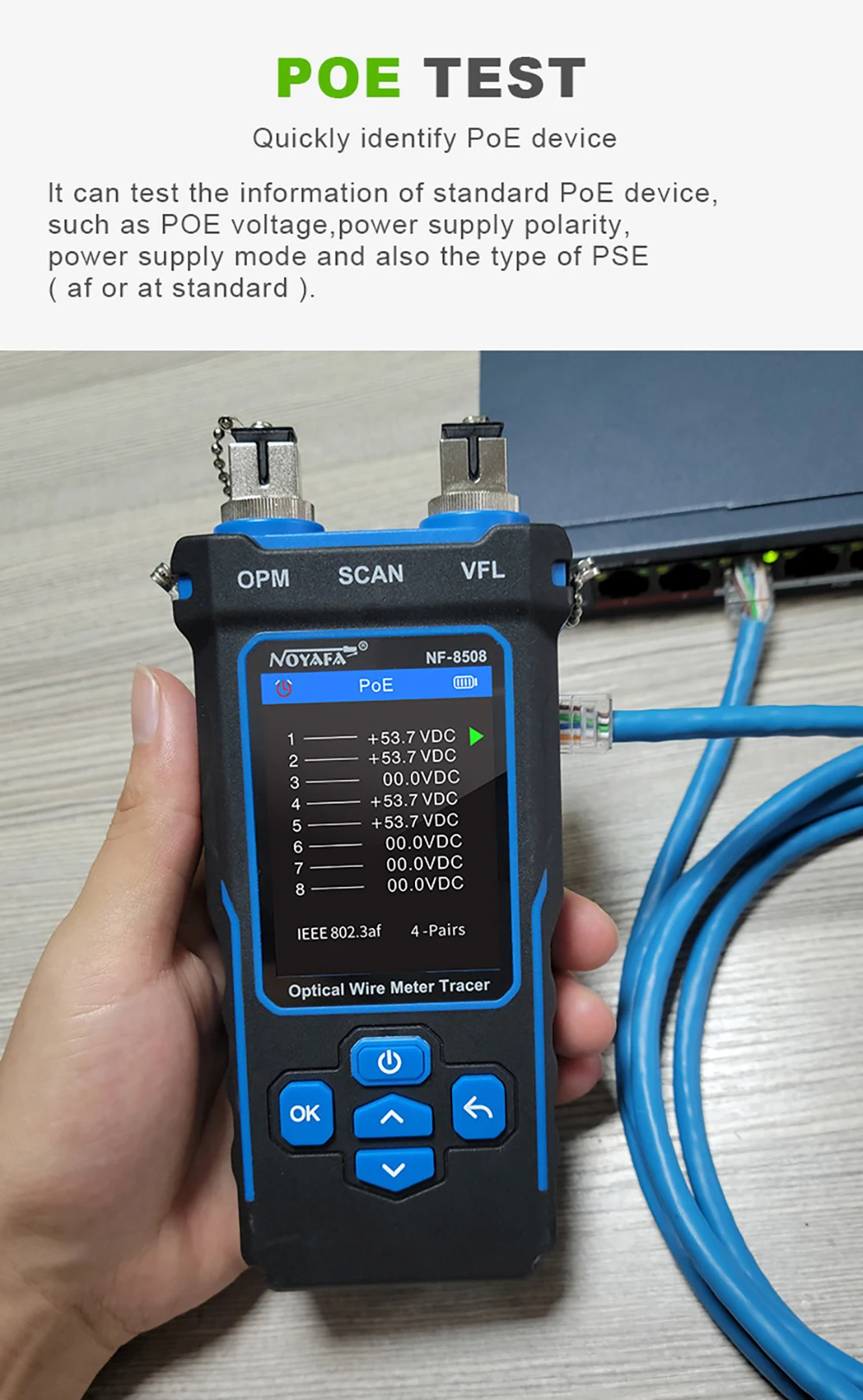 NOYAFA NF-8508 Kabel-Tracker-Tester, LCD-Display, Länge messen, Wiremap-Tester, PoE-Checker, optischer Leistungsmesser, Netzwerk-Tools – Detail 7
