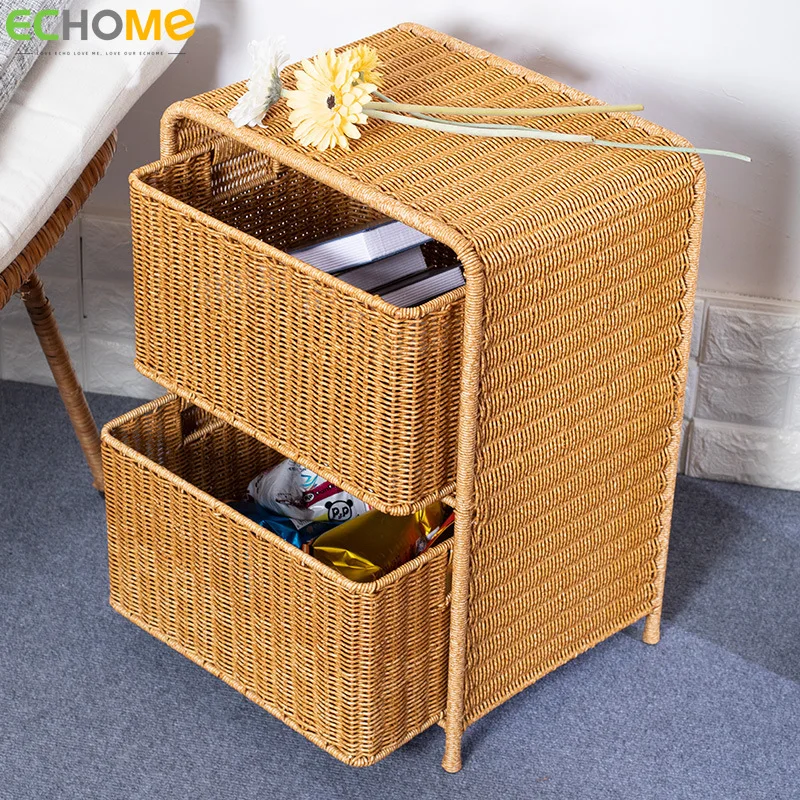 

Nordic Nightstands Double Layered Storage Boxes Bedside Cabinet Home Storage Imitation Rattan Weave Furniture Closet Organizer