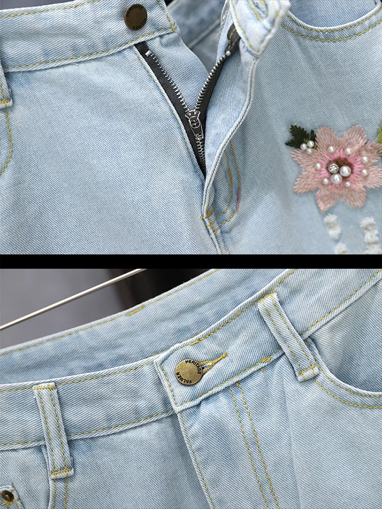 2025 New Summer High Waist Embroidered Piercing Jeans Female Fashionable and Skinny Appearance Haren Nine cropped Pants 4