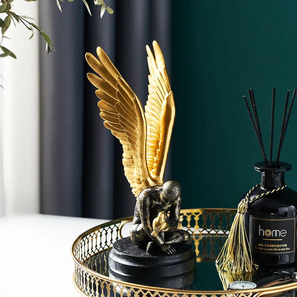 

Modern Abstract Sculpture Resin Angel Model Statue Golden Unique Home Decoration Living Room Office Desktop Decor Figurines