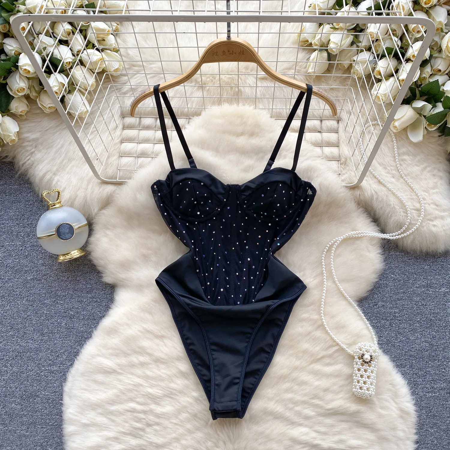 black beaded camisole bodysuit front view