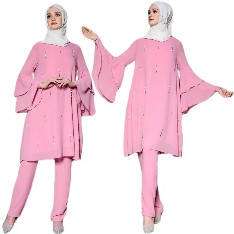 2PcsPinkAbayaSetsDubaiTurkeyIslamicSuitsElegantWomenRobe