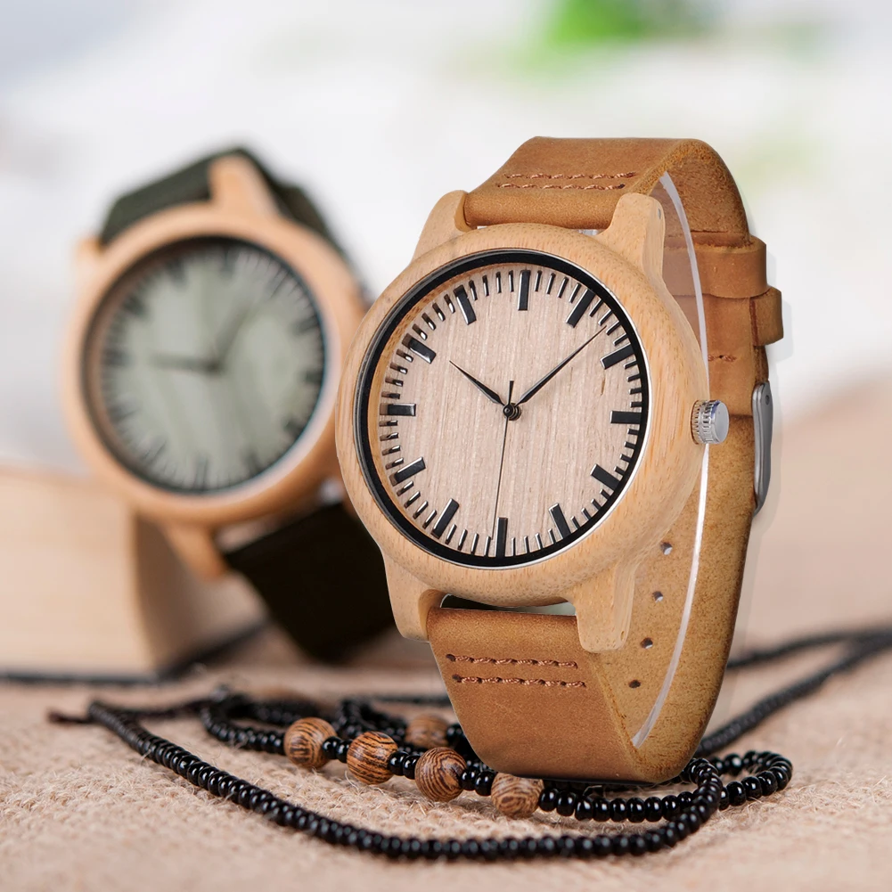 BOBO BIRD Men's Classic Quartz Watch Natural Bamboo Case with Genuine Leather Strap Customized Dropshipping 5
