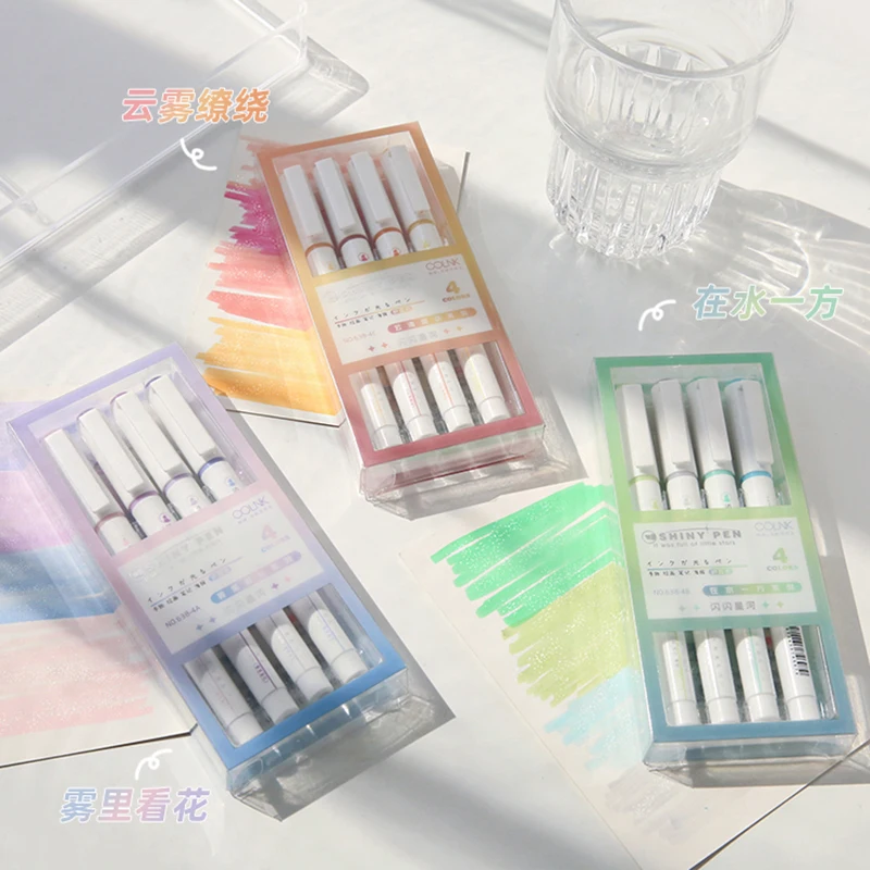 Highlighter Pen Marker Pen Highlighter Marker Art Marker 4 Colors/box Fine Glitter Highlighter Pen Set Fluorescent Markers Highlighters Pens Art Marker Japanese Cute Kawaii Stationery