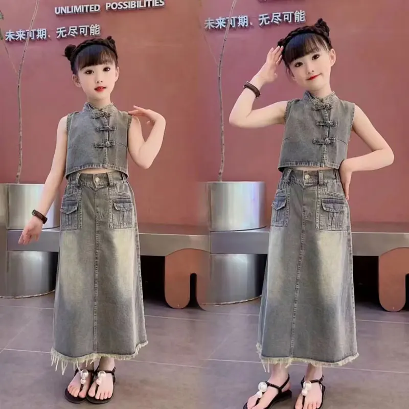 

Summer Solid Color T-shirt+Denim Dress 2Pcs/set Casual O-neck Collar Baby Girls Clothes Outfits For Age 3T 4 6 8 10 12 14 Yrs