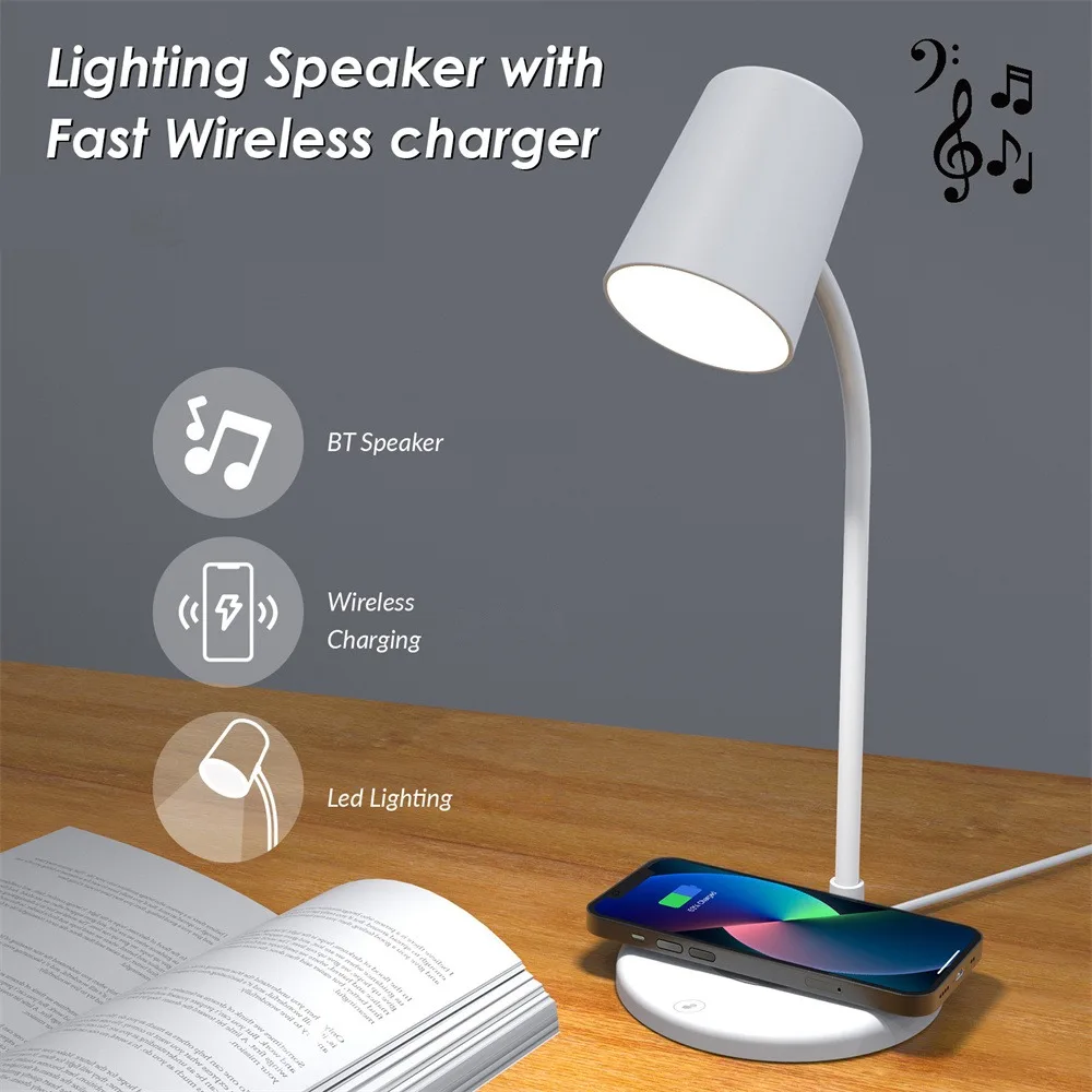 

10w Wireless Charging Led Desk Lamp Eyes Protection Table Lamp bluetooth-compatible Speaker Touch Dimmable Reading Night Lights