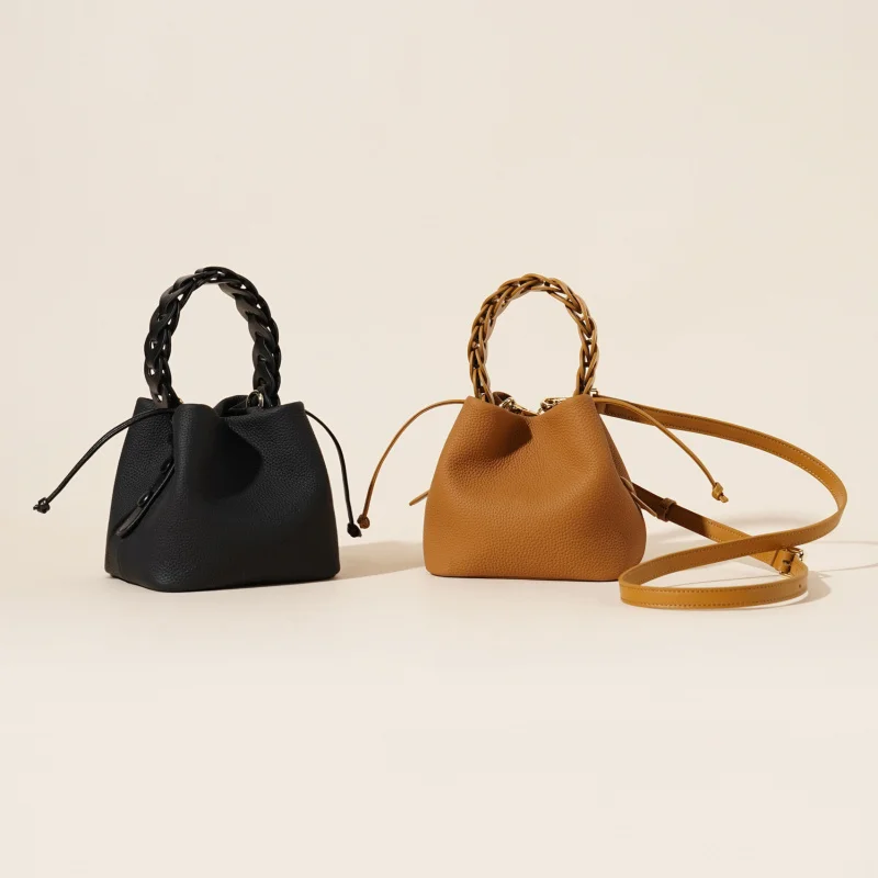 New Style Top-Grain Leather Bucket Bag Spring Edition Elegant Workwear Shoulder Crossbody Handbag