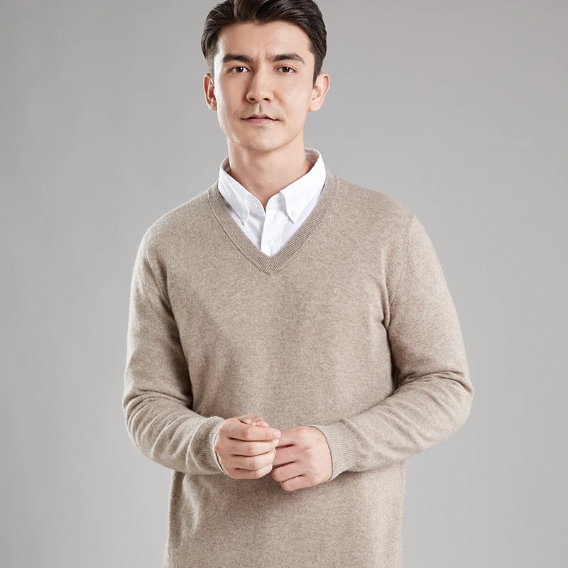 100% Pure Wool Cashmere Sweater Men's V-neck Knitting Pullover Sweater Autumn and Winter New Bottoming Shirt Men's Shirt