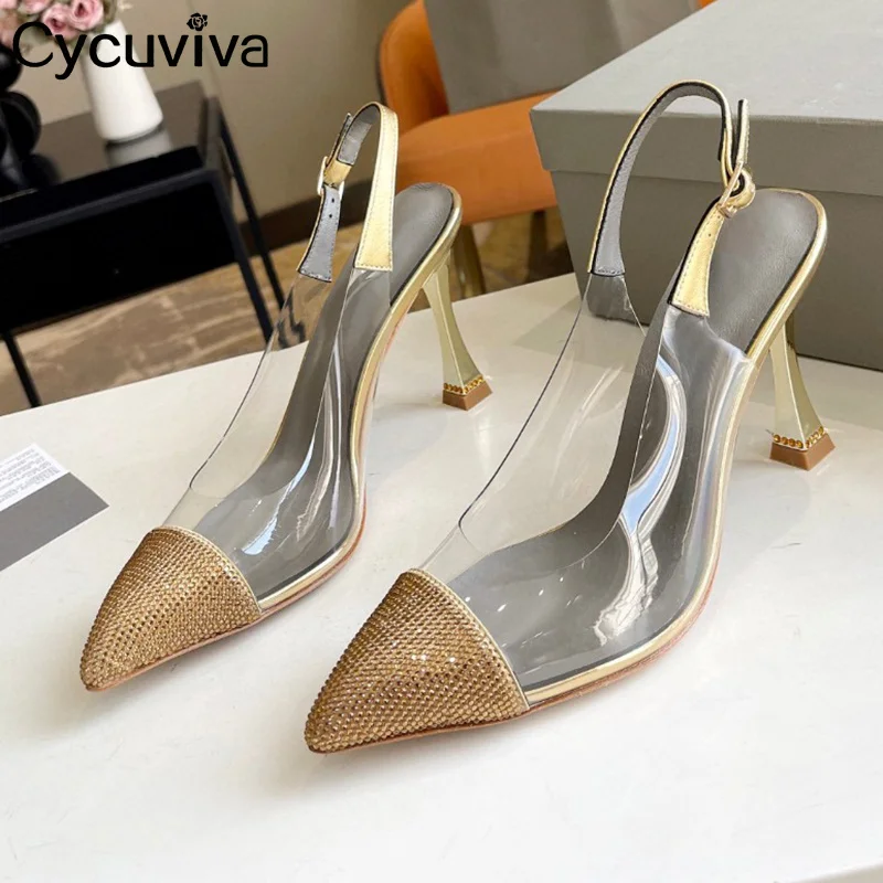 

Clear PVC Slingback Sandals Women's Pointed Toe Diamond High Heel Mules Transparent Summer Crystal Dress Party Sandalias Mujer