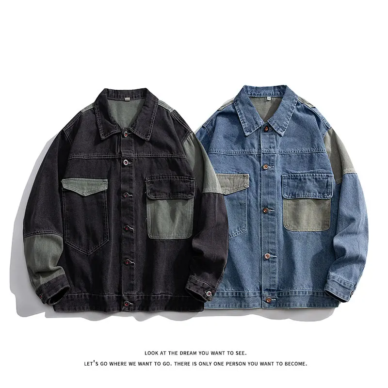 Men's Denim Jacket Oversize Spliced Color Blocking Spring Autumn Jacket Hip Hop Menswear Japanese Style Male Jeans Jacket 3