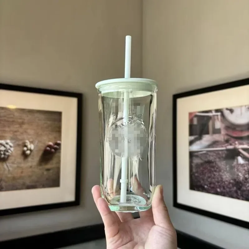 New ★★★ Triangle covered glass cup, straw water cup, 473ml （Mint Green）