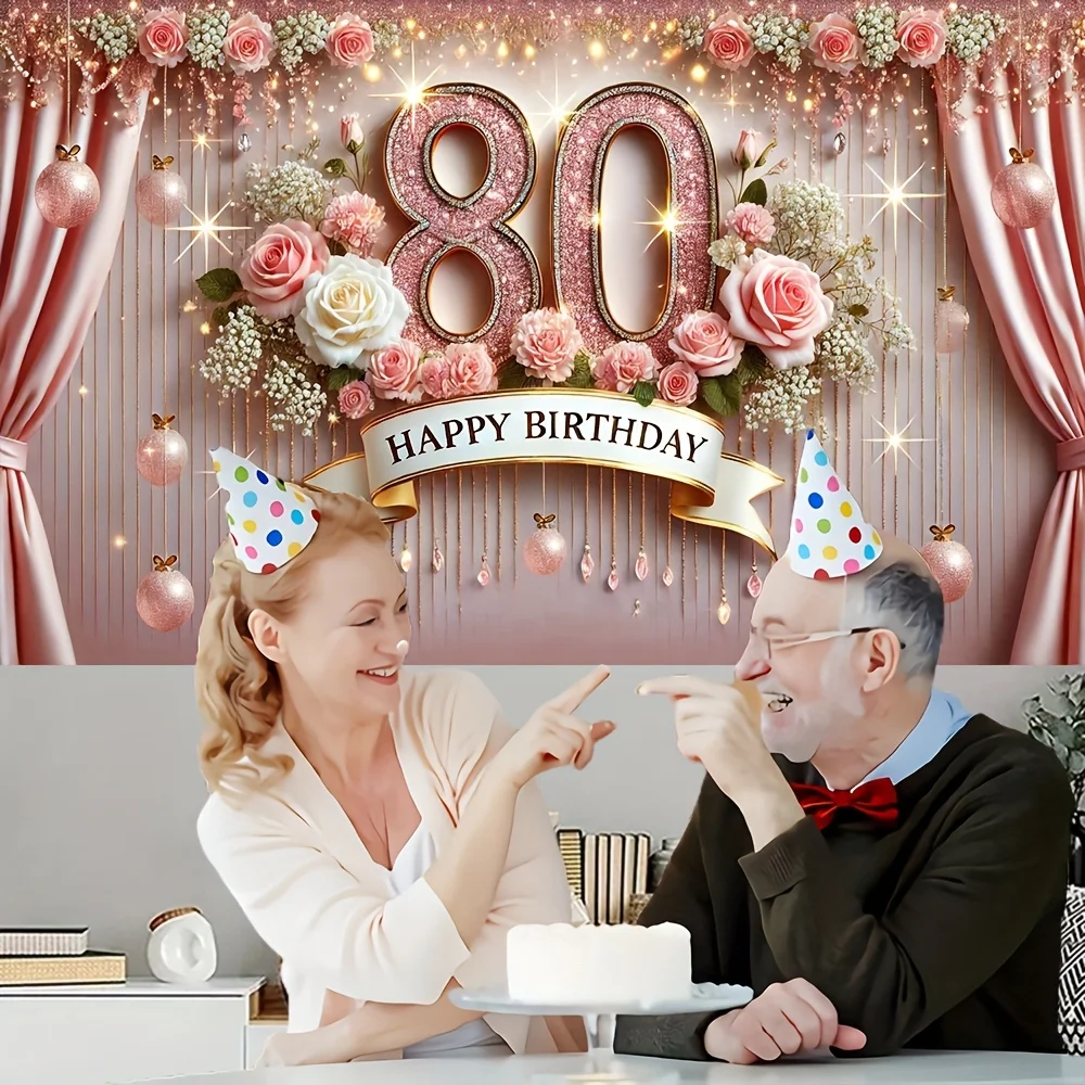 Elegant 80th birthday celebration banner - polyester fiber, rose gold and diamond digital design, birthday party decoration