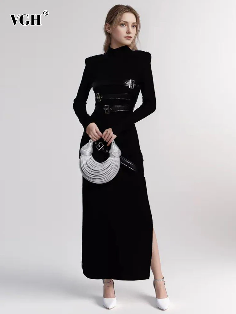 

VGH Patchwork Belt Minimalist Dresses For Women Stand Collar Long Sleeve High Waist Temperament Slimming Dress Female Fashion