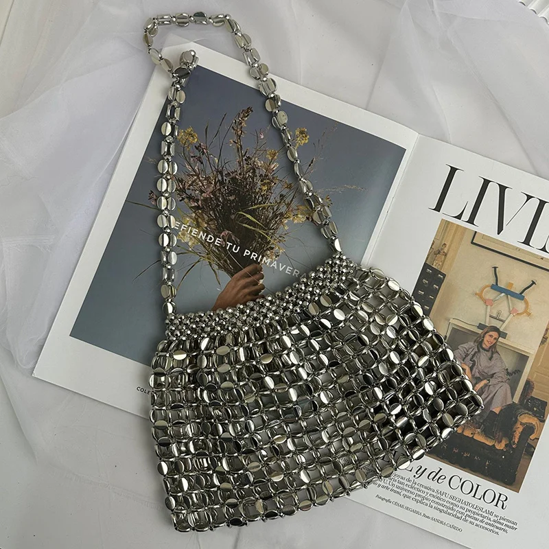 

Vintage Bling Sparkling Handmade Beaded Luxury Bags for Women Metal Sequins Shoulder Crossbody Bag Knitted Large Dumpling Bags