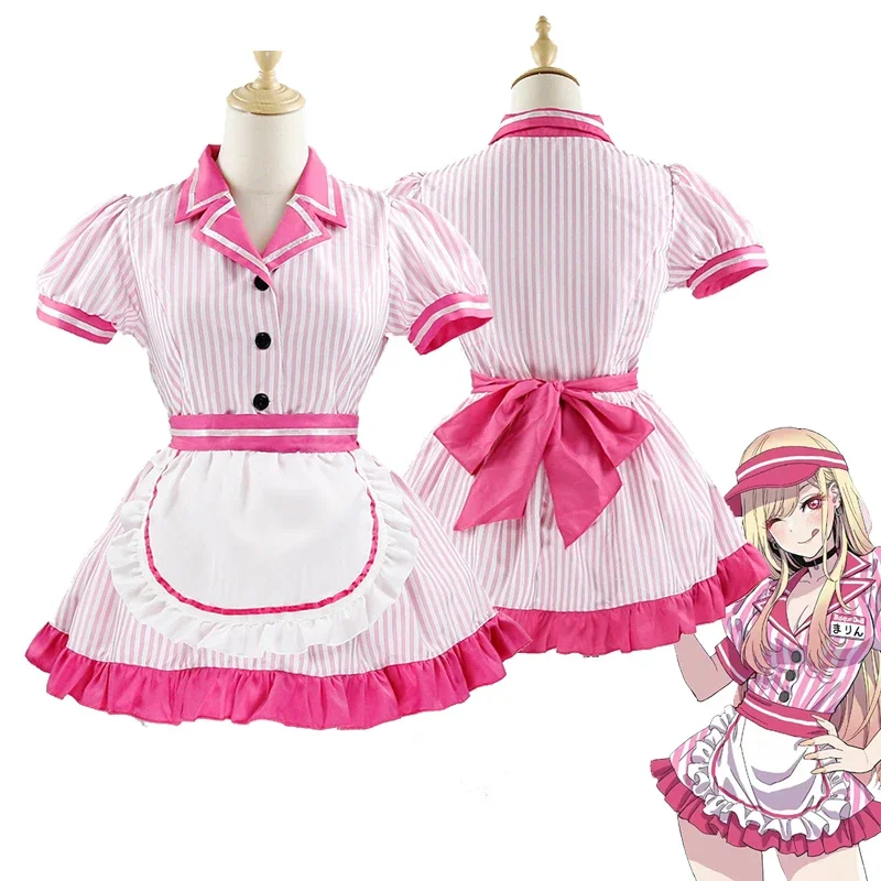 

Anime My Dress Up Darling Marin Kitagawa Cosplay Costume Cute Lolita Girls Pink Striped Maid Uniform Dress Halloween Suit