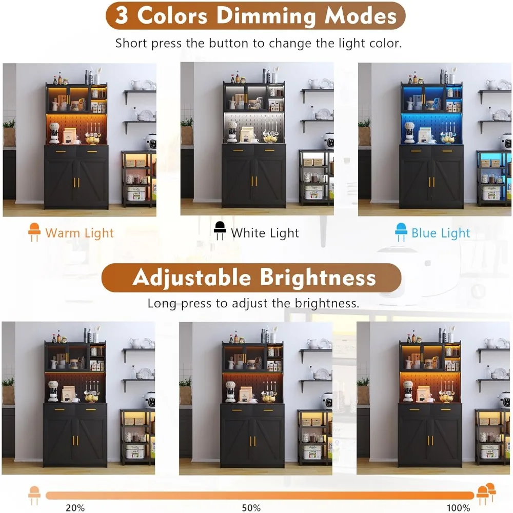 LED Kitchen Pantry Cabinet with Outlets, Farmhouse Storage Cabinet with Drawers & Adjustable Shelves, Cupboard with Pegboard and 5
