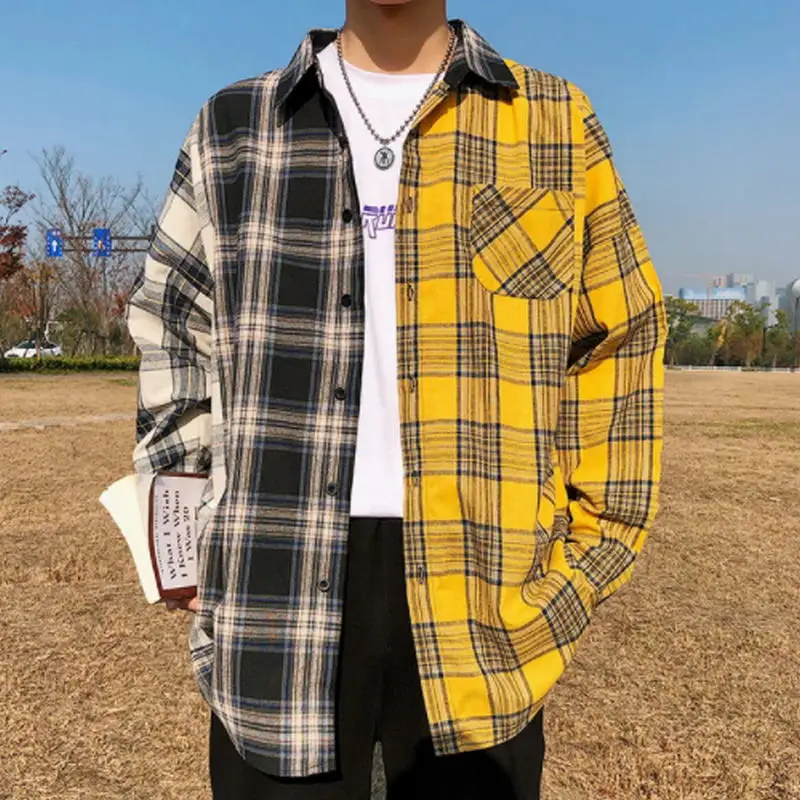 

Men Oversized Cotton Plaid Shirt 2023 Man Hip Hop Patchwork Button Up Long Sleeve Shirt Couple Korean Harajuku Clothing